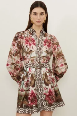 Petite Linen Viscose Border Print Floral Woven Short Dress