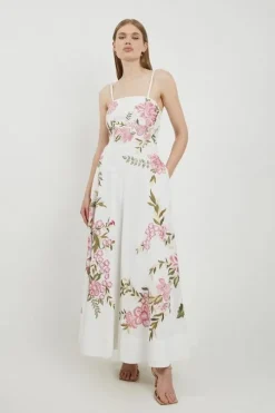 Petite Lydia Millen Linen Embroidery Off The Shoulder Prom