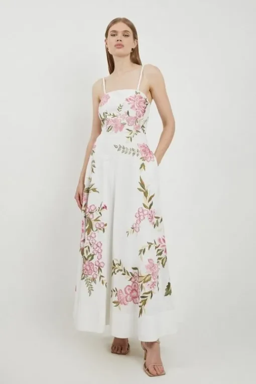Petite Lydia Millen Linen Embroidery Off The Shoulder Prom