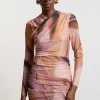 Petite Marble Printed Mesh Ruched Mini Dress