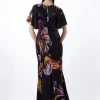 Petite Midnight Floral Satin Woven Angel Sleeve Maxi Dress
