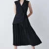 Petite Military Pleat Sleeveless Midi Dress
