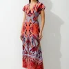 Petite Mirrored Print Satin Crepe Angel Sleeve Woven Maxi Dress