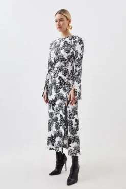 Petite Mono Floral Woven Viscose Satin Midi Dress