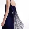 Petite Ooto Viscose Crepe And Satin Panelled Fringed Woven Strappy Maxi Dress