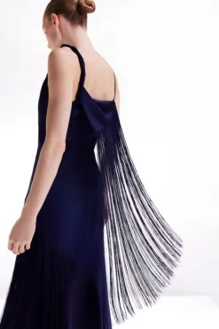 Petite Ooto Viscose Crepe And Satin Panelled Fringed Woven Strappy Maxi Dress
