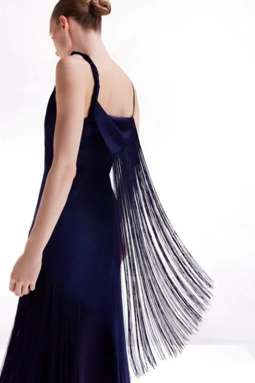 Petite Ooto Viscose Crepe And Satin Panelled Fringed Woven Strappy Maxi Dress