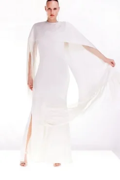 Petite Ooto Viscose Crepe And Satin Panelled Fringed Woven Maxi Dress With Detachable Cape