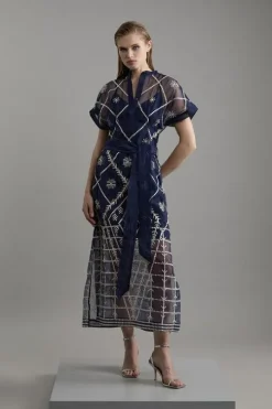 Petite Organdie Crystal Embellished Tie Waist Woven Maxi Dress