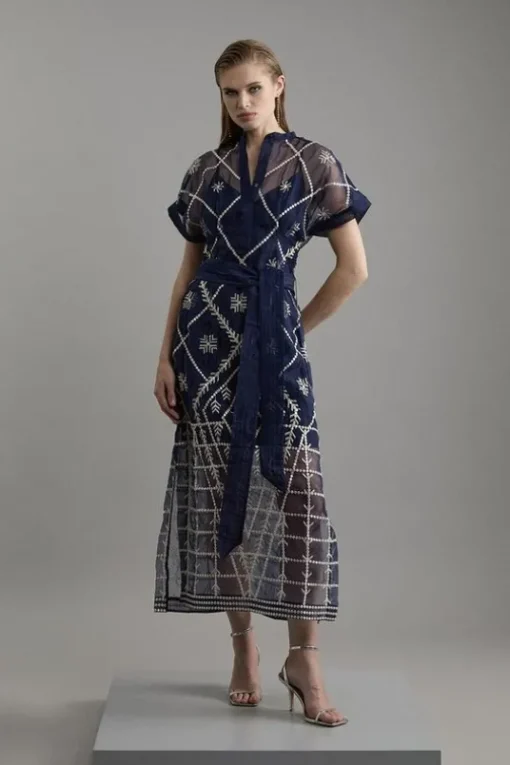 Petite Organdie Crystal Embellished Tie Waist Woven Maxi Dress