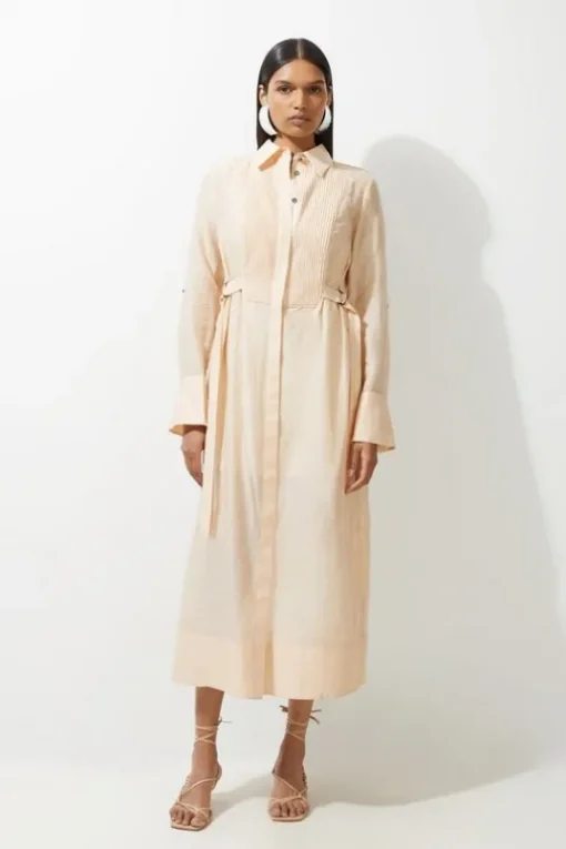 Petite Organdie Pin Tuck Longline Woven Shirt Dress With Tab Detail
