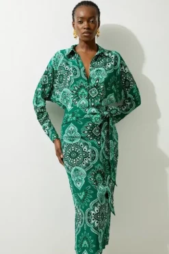 Petite Paisley Printed Morocain Woven Midi Shirt Dress