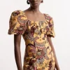 Petite Paisley Viscose Linen Woven Puff Sleeve Mini Dress