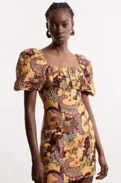 Petite Paisley Viscose Linen Woven Puff Sleeve Mini Dress