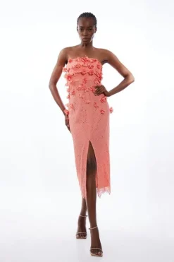 Petite Petal Floral Applique Lace Woven Bandeau Midi Dress