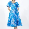 Petite Placed Jacquard Twill Woven Puff Sleeve Dress