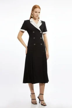 Petite Pleated Button Detailed Woven Midi Dress