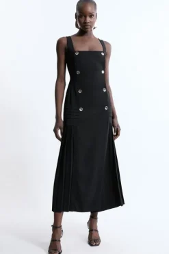 Petite Pleated Button Detail Strappy Woven Midi Dress