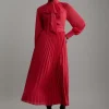 Petite Pleated Tie Neck Woven Maxi Dress With Belt