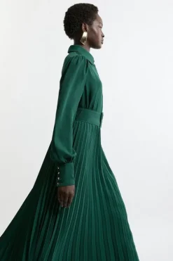 Petite Pleated Woven Maxi Shirt Dress With Belt