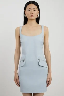 Petite Pocket Detail Techno Cotton Woven Strappy Mini Dress