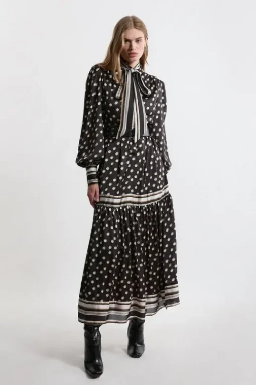 Petite Polka Dot Woven Balloon Sleeve Belted Midaxi Dress