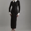 Petite Ponte Embellished Contrast Collar Fitted Maxi Dress
