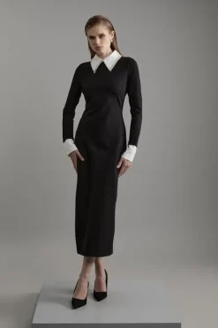 Petite Ponte Embellished Contrast Collar Fitted Maxi Dress