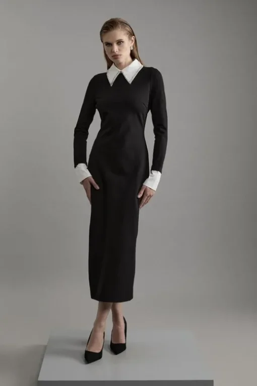 Petite Ponte Embellished Contrast Collar Fitted Maxi Dress