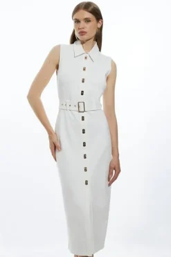 Petite Ponte Jersey Hardwear And Pu Detail Midi Dress