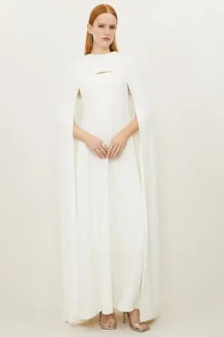 Petite Premium Bonded Crepe Detachable Cape Maxi Dress