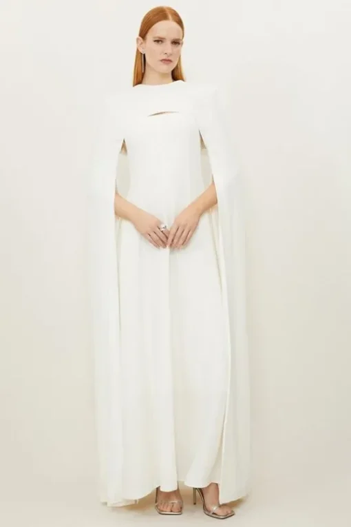 Petite Premium Bonded Crepe Detachable Cape Maxi Dress