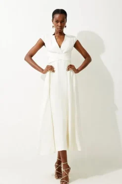 Petite Premium Linen V Neck Wrap Detail Woven Midi Dress