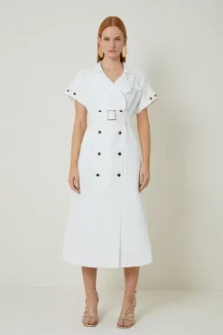 Petite Premium Linen Viscose Tailored Double Breasted Belt Midi Shirt Dress
