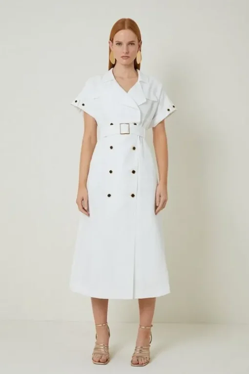 Petite Premium Linen Viscose Tailored Double Breasted Belt Midi Shirt Dress