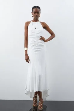 Petite Premium Ruched Halter Strappy Maxi Dress