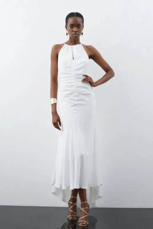 Petite Premium Ruched Halter Strappy Maxi Dress