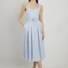 Petite Premium Tailored Linen Belted Full Skirt Midi Dress
