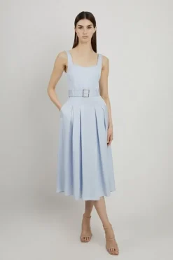 Petite Premium Tailored Linen Belted Full Skirt Midi Dress