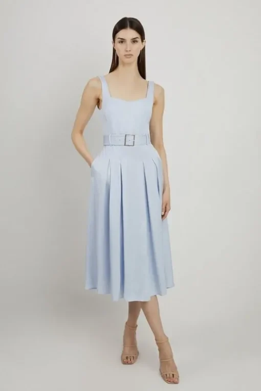 Petite Premium Tailored Linen Belted Full Skirt Midi Dress