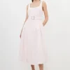 Petite Premium Tailored Linen Square Neck Belted Midi Dress
