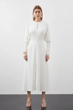 Petite Premium Viscose Crepe Long Sleeve Woven Midi Dress