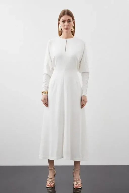 Petite Premium Viscose Crepe Long Sleeve Woven Midi Dress