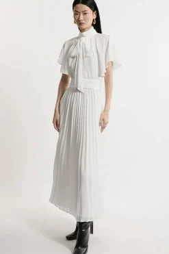 Petite Pussy Bow Tie Georgette Belted Woven Midi Dress