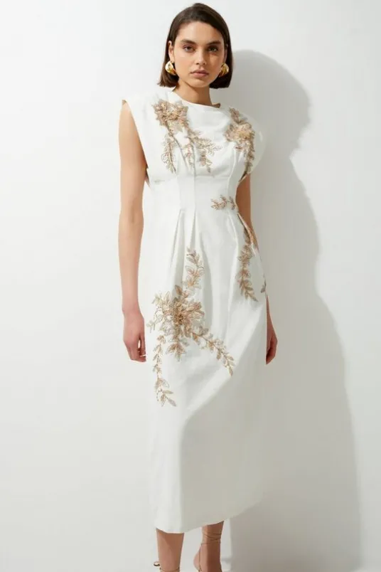 Petite Raffia Embroidered Linen Woven Midi Dress