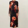 Petite Rose Floral Woven Viscose Satin Midi Dress
