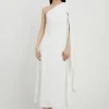 Petite Satin Back Crepe One Shoulder Drape Sleeve Maxi Dress