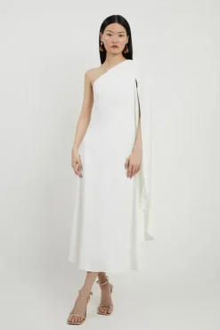 Petite Satin Back Crepe One Shoulder Drape Sleeve Maxi Dress