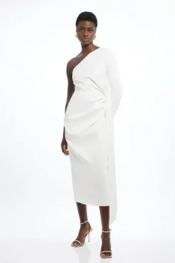 Petite Satin Back Crepe One Shoulder Drape Midi Dress