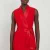 Petite Satin Back Crepe Sleeveless Tuxedo Tailored Wrap Mini Dress